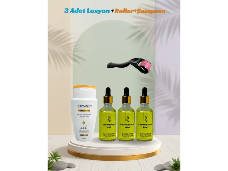 Dermanew 3’Lü Bayan Saç Serumu + Roller + Şampuan