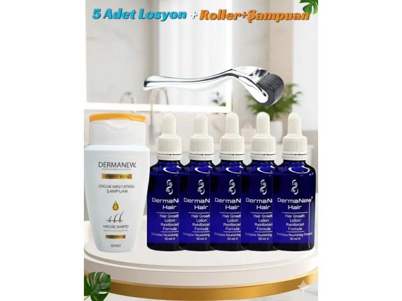 Dermanew 5’Li Saç Bakım Serumu + Roller + Şampuan